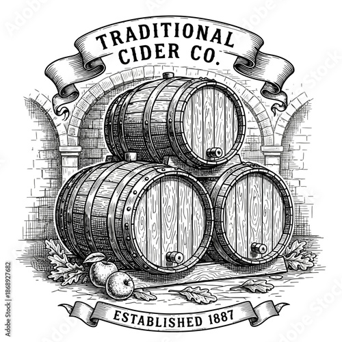 Vintage Engraving of Traditional Cider Co. Barrels and Apples.