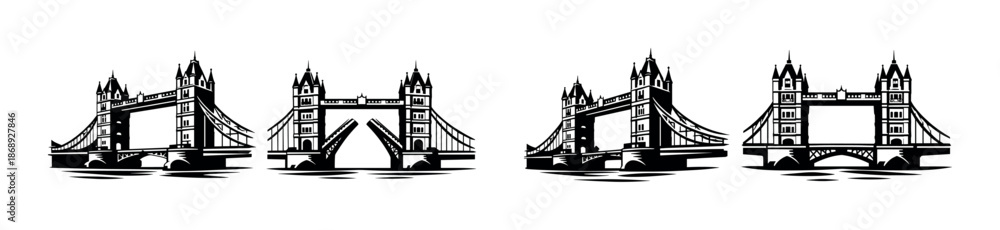 Obraz premium Tower bridge vector icons set with london landmark symbols in black and white