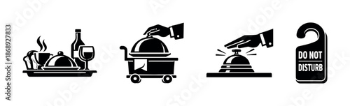 Hospitality vector icons set: room service, food delivery, concierge symbols