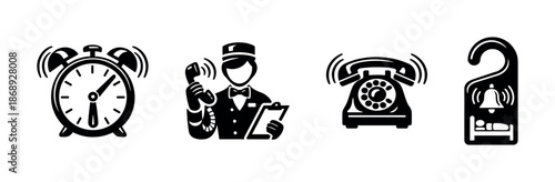 Hotel service vector icons set: bellboy, alarm clock, telephone, do not disturb sign