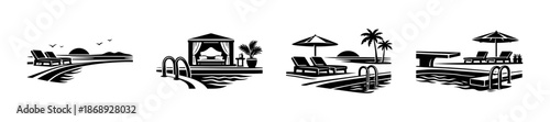 Beach resort vector icons set: poolside, sunset, relaxation symbols