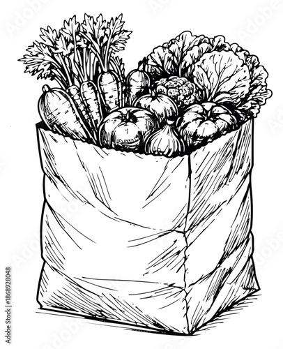 Hand drawn line art illustration of a grocery bag depicting fresh vegetables for healthy eating and shopping