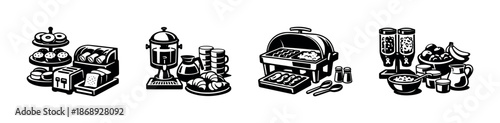 Breakfast buffet collection. vector icons set featuring coffee, pastries, grill, cereal.