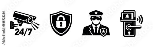 Security vector icons set with cctv, lock, shield, and protection symbols