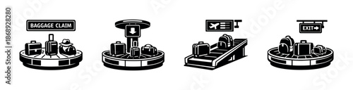 Airport travel vector icons set: baggage claim, luggage symbols, travel signs