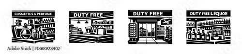 Duty free shopping vector icons set: liquor, cosmetics, perfume, tax-free symbols