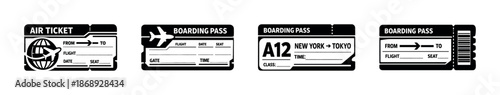 Boarding pass vector icons set: airline, flight, ticket, travel essentials