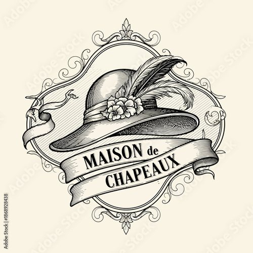 Vintage Hat Emblem with Feather and Flower.