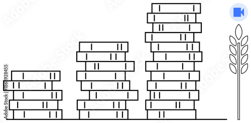 Financial growth, agriculture, investment, savings, economic strategy, farming economy. Stacked coins next to wheat stalk. Financial growth and agriculture concept