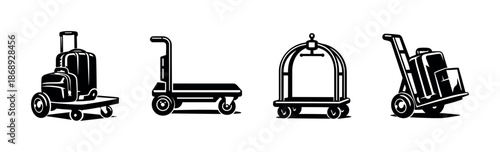 Luggage and trolley vector icons set: baggage, cart, bellhop