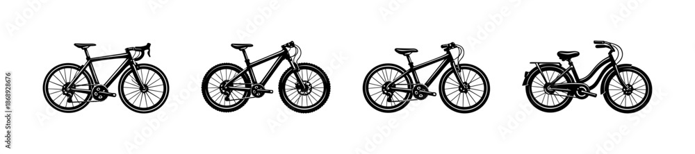 Fototapeta premium Bicycle vector icons set: road, mountain, touring, city bike silhouettes