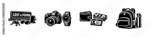 Lost and found vector icons set: keys, camera, wallet, backpack essentials