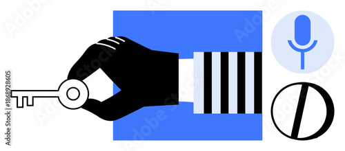 Cybersecurity, access control, data protection, voice technology, digital identities, authentication. Black hand holding a key near microphone and blocked circle icons. Cybersecurity and access