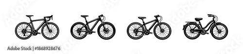 Bicycle vector icons set: road, mountain, touring, city bike silhouettes