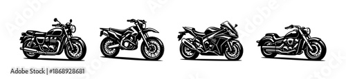 Motorcycles vector icons set: classic, dirt bike, sportbike, cruiser designs
