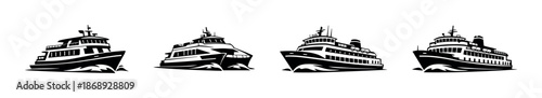 Ferry designs vector icons set: silhouette ships and boats collection