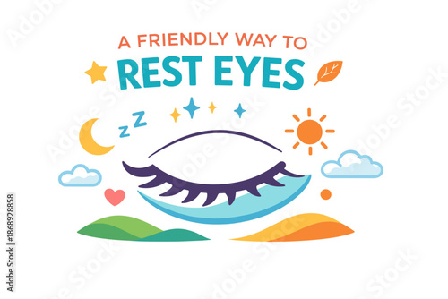 Friendly eye rest methods with nature elements: moon, sun, clouds, stars