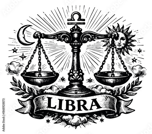 Hand drawn illustration of Libra zodiac sign depicting its astrological symbol for spiritual designs