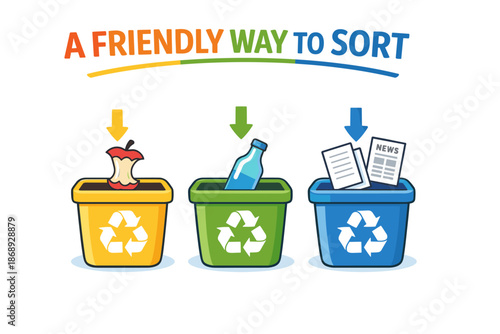 Colorful recycling bins for easy waste sorting with items above each bin