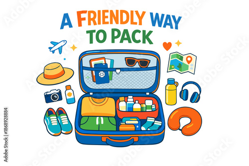 Colorful travel essentials inside open suitcase with packing tips