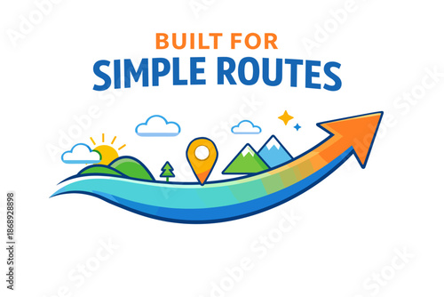 Arrow pointing with map icon and natural elements illustrating simple routes