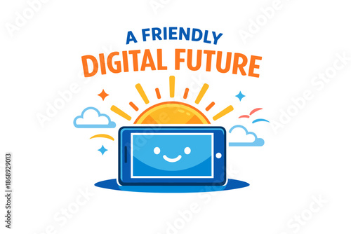 Cheerful digital future: smiling tablet with sun and clouds design