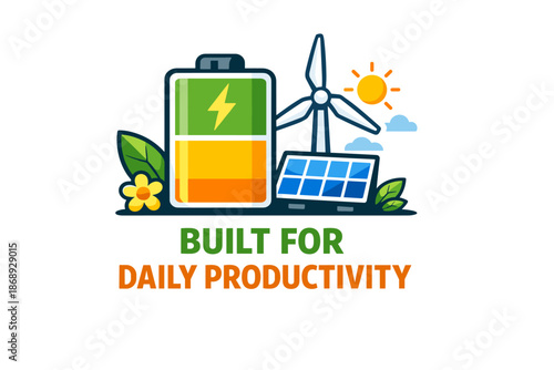Renewable energy elements: battery, wind turbine, solar panel illustration