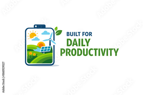 Eco-friendly energy concept with battery, solar panel, and wind turbine illustration