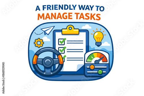 Task management tools with checklist, speedometer, steering wheel, and gear icon visuals