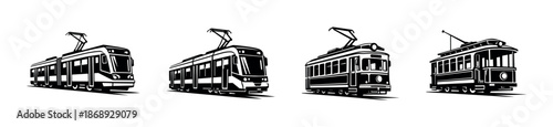 Trams and trolleys vector icons set: urban transport symbols in flat style