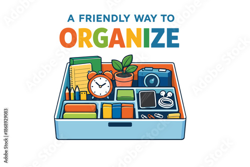 Colorful desk organizer with office supplies and a plant