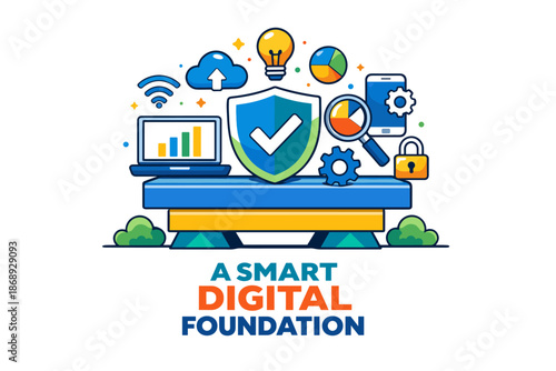 Smart digital foundation with technology icons for data security and innovation