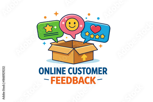 Colorful online customer feedback box with positive ratings and smiley face