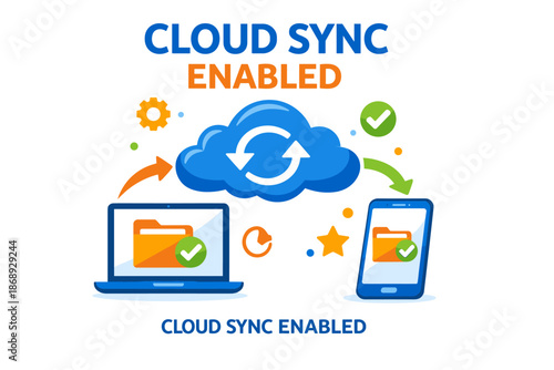 Cloud sync enabled: laptop and smartphone data synchronization illustration