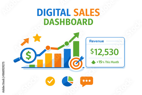 Digital sales dashboard with revenue analysis and growth indicators