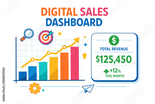 Digital sales dashboard with growth chart and revenue increase