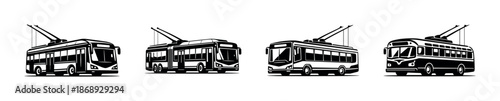 Trolleybus vector icons set: urban transport, electric buses, public transit illustrations
