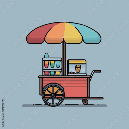 Compact Mobile Food Stand Graphic with Large Umbrella, Vibrant Street Vendor Cart for Snacks and Drinks