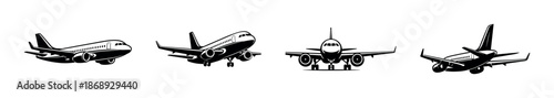 Airplane vector icons set in black and white, aircraft symbols, plane illustrations