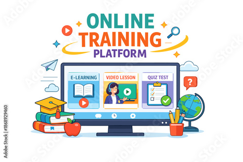 Online training platform interface with e-learning, video lessons, and quiz test options