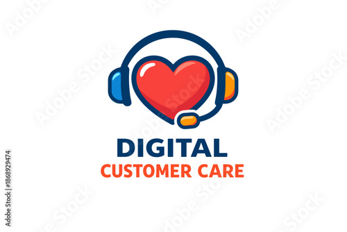 Digital customer care logo with heart and headset icon on white background