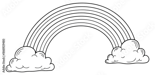 Hand drawn line art illustration of a rainbow with clouds depicting cheerful weather for children's projects
