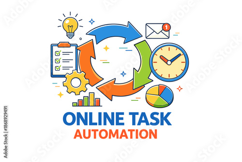 Online task automation concept with gear, arrows, clock, chart, and icons