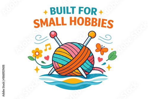 Colorful yarn and knitting needles with flowers and butterfly in vibrant design