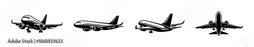 Airplane vector icons set: modern aircraft silhouette, plane symbols collection