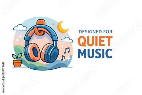 Illustration of headphones with tranquil night sky background and quiet music text