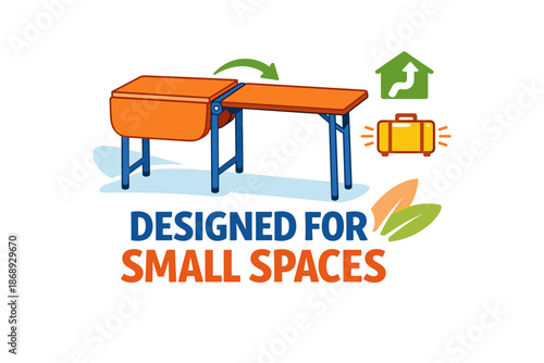 Compact foldable desk for efficient use in small spaces with iconography