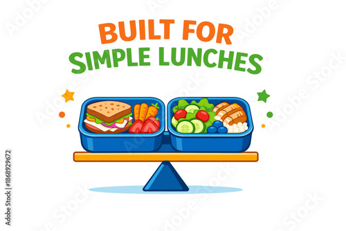 Colorful lunchbox with sandwich, vegetables, and fruit on blue stand