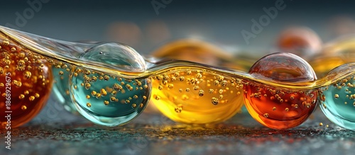 Colorful, translucent spheres, seemingly floating in liquid, with golden specks.  A wavy liquid surface flows around them