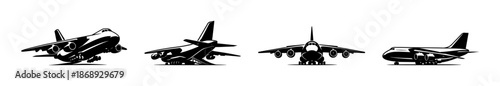 Airplane vector icons set. black aircraft designs. jet, plane silhouettes collection.